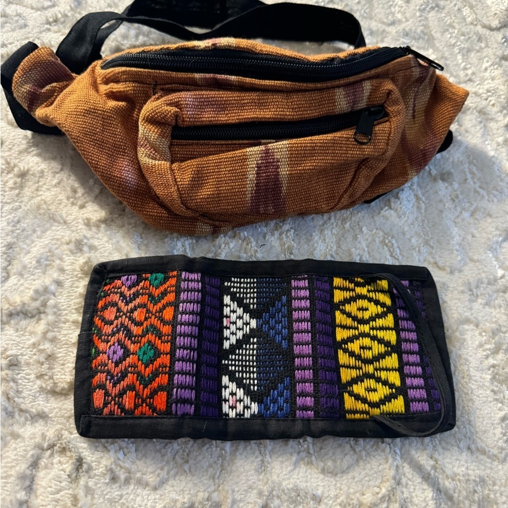 Vintage Colorful Patterned Wallet and Brown Waist Bag ( Fanny pack)